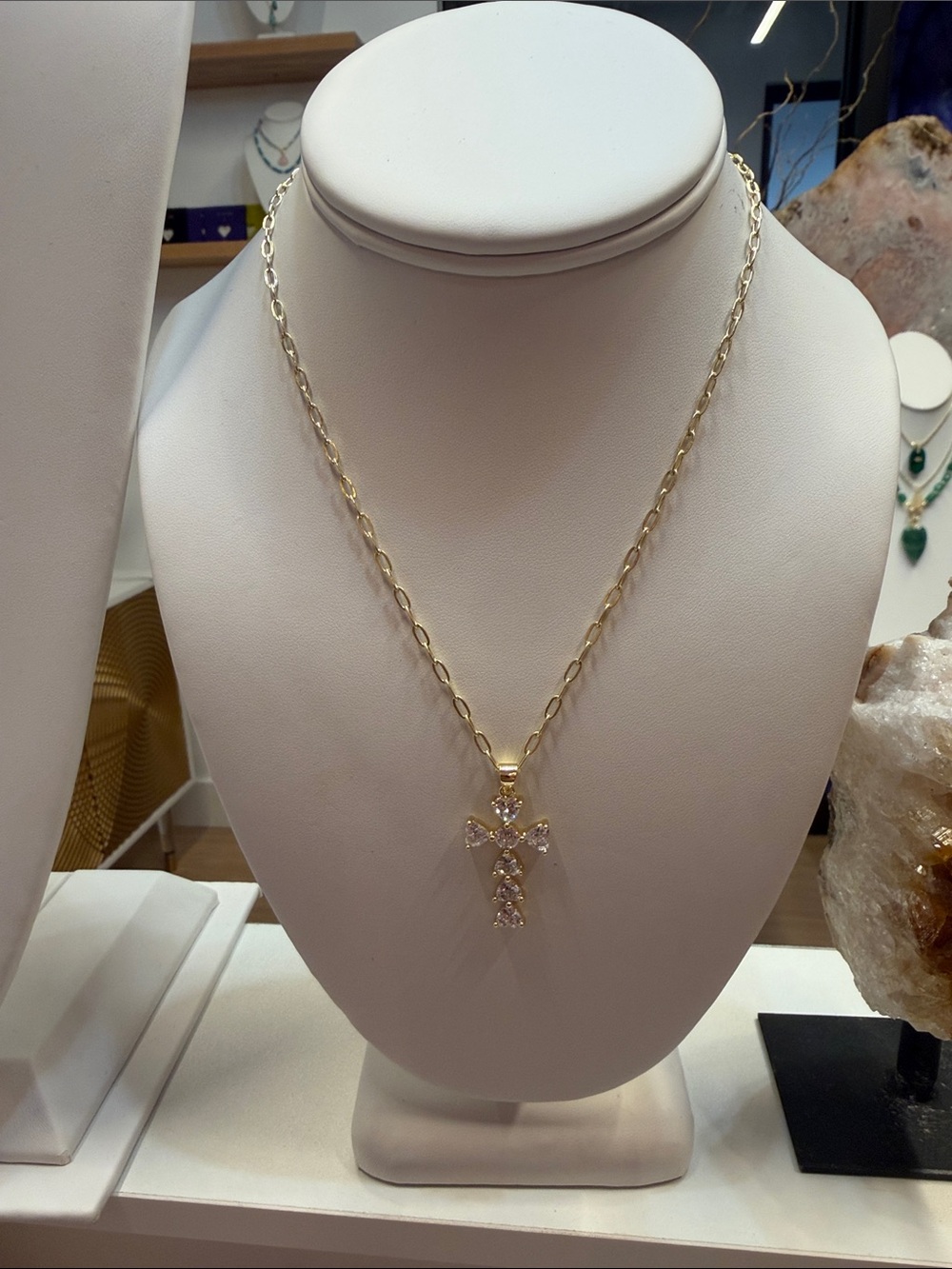 Gold Cross Pendant Necklace with Clear Stones - Women's Jewelry